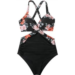 Women Criss Cross Halter One Piece Swimsuit Ruched Tummy Control Tie Back XL